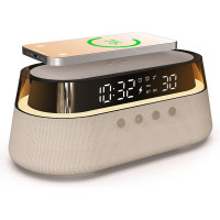 Радіогодинник Ezvalo 5-в-1: 15 Вт Бездротова Зарядка, RGB Нічник, Bluetooth Динамік. (Бежевий)