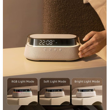 Радіогодинник Ezvalo 5-в-1: 15 Вт Бездротова Зарядка, RGB Нічник, Bluetooth Динамік. (Бежевий)