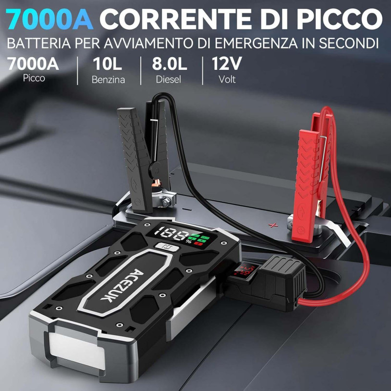 Портативний пусковий пристрій ACEZUK M02: 7000A, бензин до 10 л / дизель до 8 л, РК-дисплей, QC3.0