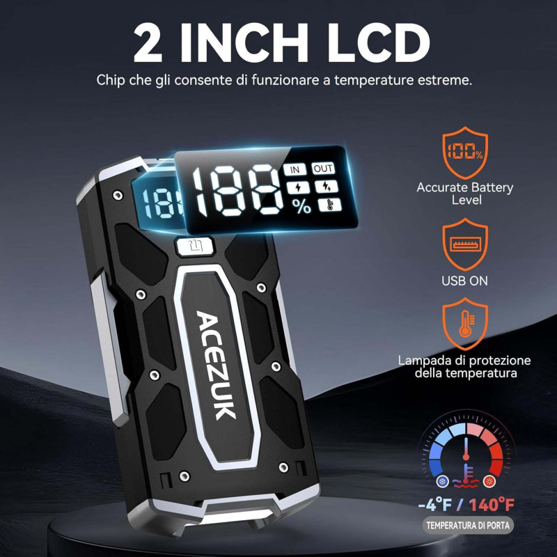 Портативний пусковий пристрій ACEZUK M02: 7000A, бензин до 10 л / дизель до 8 л, РК-дисплей, QC3.0