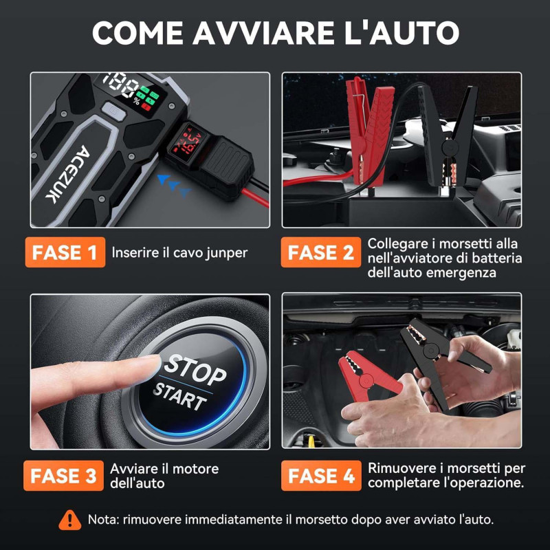 Портативний пусковий пристрій ACEZUK M02: 7000A, бензин до 10 л / дизель до 8 л, РК-дисплей, QC3.0