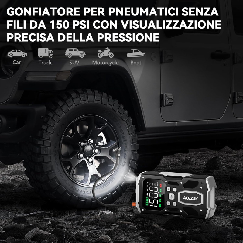 Пусковий пристрій Acezuk 8000А + Компресор 150 PSI: Бустер для будь-яких двигунів (12V)