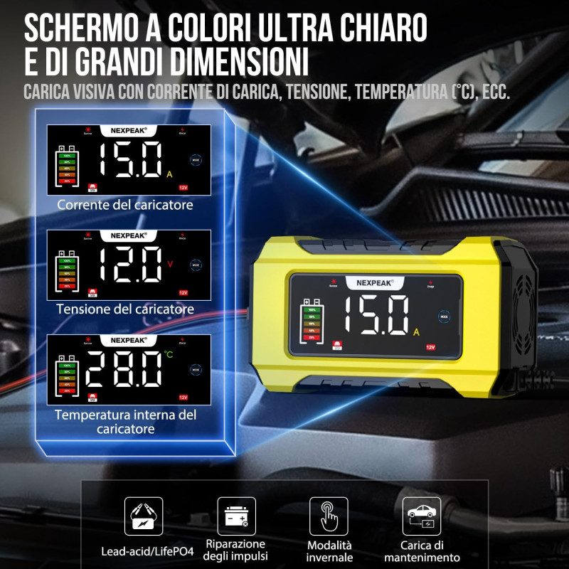 Інтелектуальний зарядний пристрій NEXPEAK 8A: Для 12V/24V акумуляторів та LiFePO4