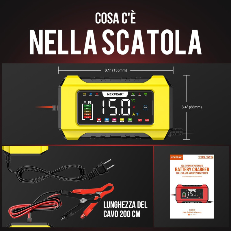 Інтелектуальний зарядний пристрій NEXPEAK 8A: Для 12V/24V акумуляторів та LiFePO4