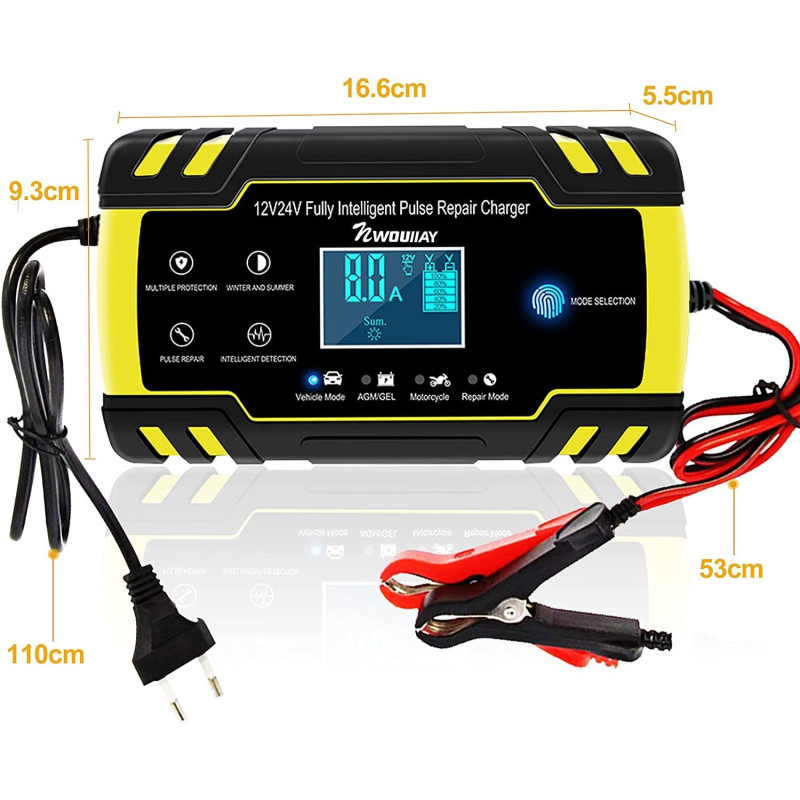 Автоматичний Розумний Зарядний Пристрій NWOUIIAY 8А 12В/24В з РК-Екраном. (Чорно-жовтий)