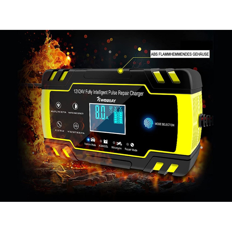 Автоматичний Розумний Зарядний Пристрій NWOUIIAY 8А 12В/24В з РК-Екраном. (Чорно-жовтий)