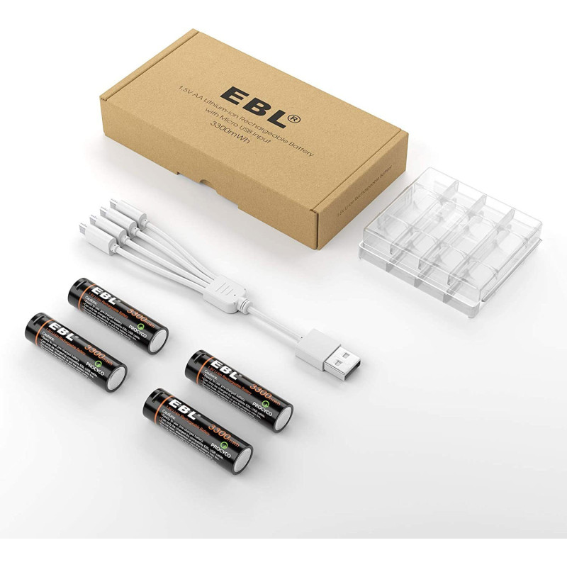 Акумуляторні Батарейки USB AA 1.5 В: Літій-іонні, 3300 мВт·год, Зарядка через Micro USB. (4 шт.)