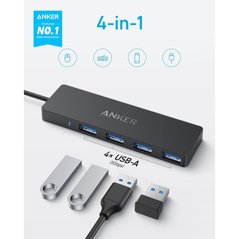 4-портовий USB-C Hub Anker, Адаптер USB 3.0, Ультратонкий, 5 Гбіт/с. Кабель 20 см. (Чорний)