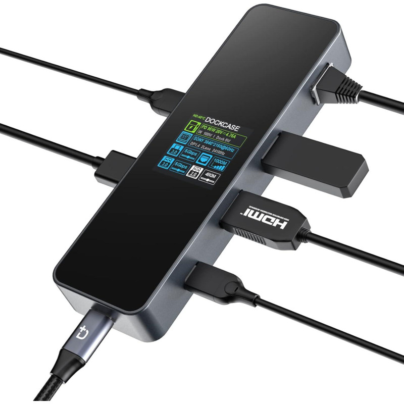 Док-станція DOCKCASE Smart USB-C Hub 6-в-1 Pro: HDMI 4K@60Hz, Gigabit LAN, PD 100 Вт, OLED-Екран. (Сірий)