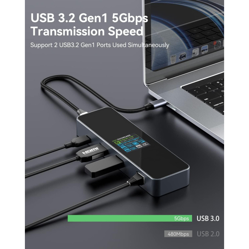 Док-станція DOCKCASE Smart USB-C Hub 6-в-1: 4K 60Hz HDMI, 100W PD, Gigabit Ethernet. (Чорний)