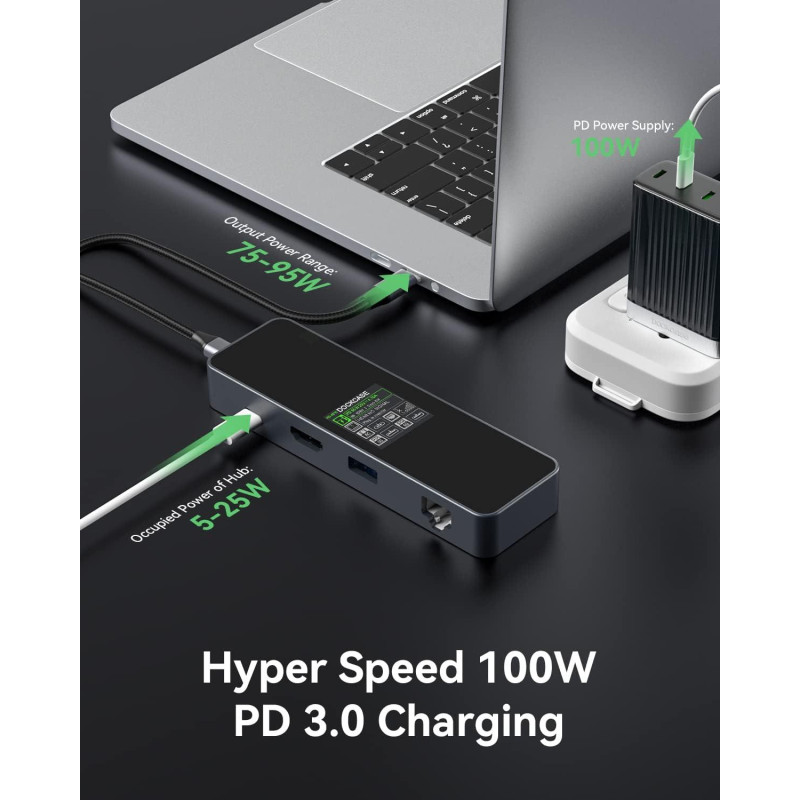 Док-станція DOCKCASE Smart USB-C Hub 6-в-1: 4K 60Hz HDMI, 100W PD, Gigabit Ethernet. (Чорний)