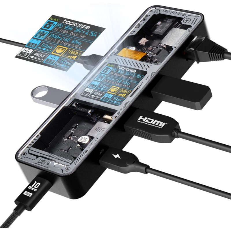 Док-станція DOCKCASE Explorer Edition USB-C Hub 6-в-1: 4K 60Hz HDMI, 100W PD. (Чорний)