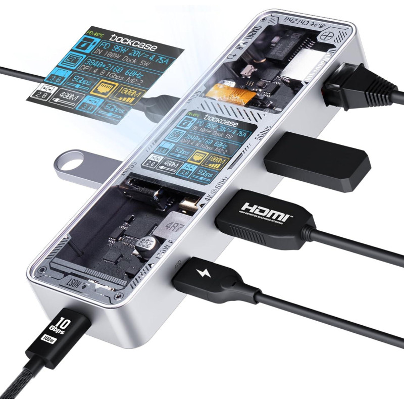 Док-станція Dockcase Explorer Edition 6-in-1 Smart Hub Pro: 4K60Hz, Ethernet. (Сріблястий)