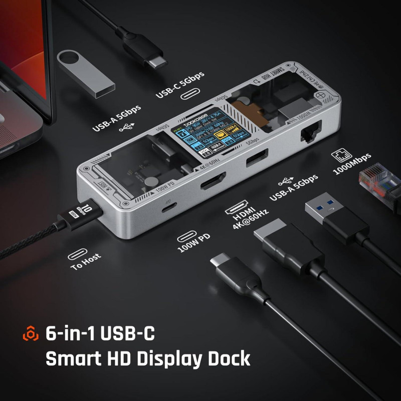 Док-станція Dockcase Explorer Edition 6-in-1 Smart Hub Pro: 4K60Hz, Ethernet. (Сріблястий)