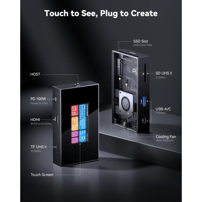Док-станція Dockcase Smart 7-in-1: Корпус для M.2 SSD, 8K HDMI, Touch Screen. (Чорний глянцевий)