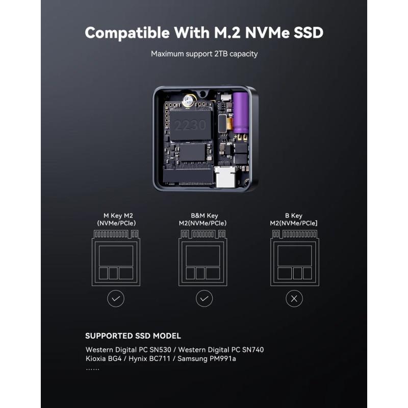Корпус для SSD Dockcase Pocket Smart 2230 M.2 NVMe: Розумний Кейс з Екраном. (Чорний матовий)