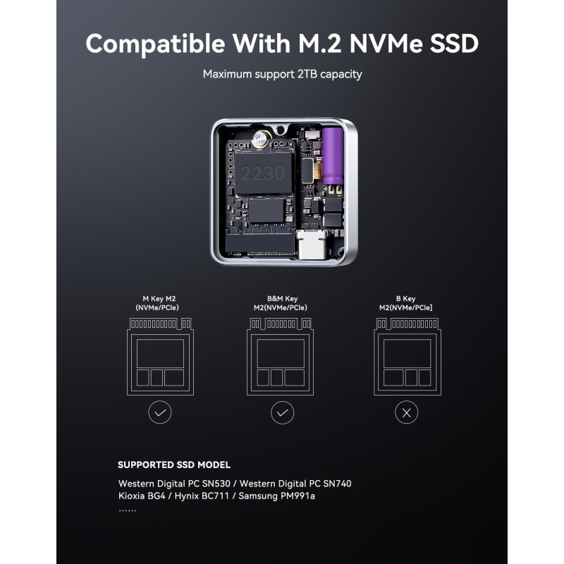 Корпус для SSD Dockcase Pocket Smart 2230 M.2 NVMe: Розумний Кейс з Екраном. (Сріблястий)