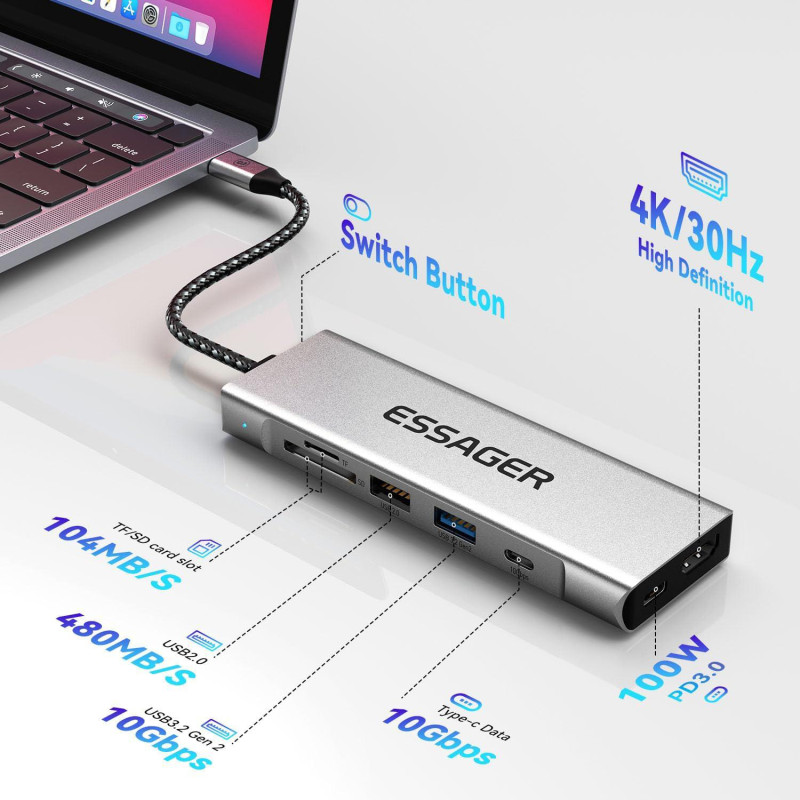 Док-станція Essager 8-в-1: M.2 NVMe/SATA SSD, USB 3.2 (10 Гбіт/с) та HDMI 4K. (Сріблястий)