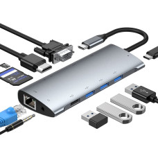 Док-Станція GIISSMO 11-в-1 USB-C Hub: 4K HDMI, VGA, 100W PD. (Чорний)