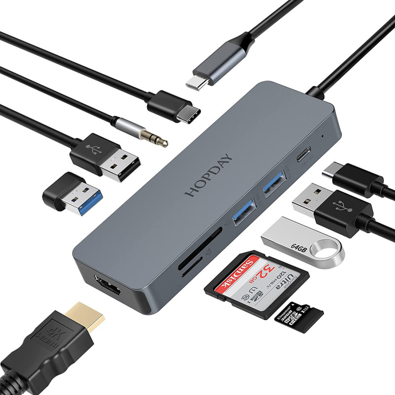 Док-станція HOPDAY 10-в-1 USB-C Hub: 4K HDMI, 100W PD, 3.5 mm AUX. (Сріблястий)