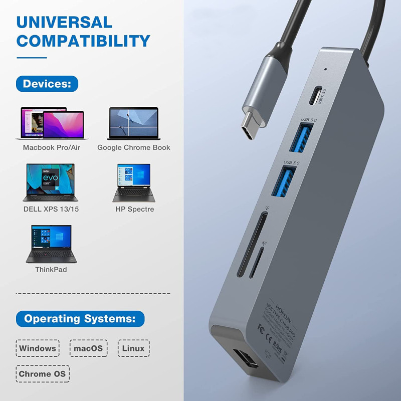 Док-станція HOPDAY 10-в-1 USB-C Hub: 4K HDMI, 100W PD, 3.5 mm AUX. (Сріблястий)