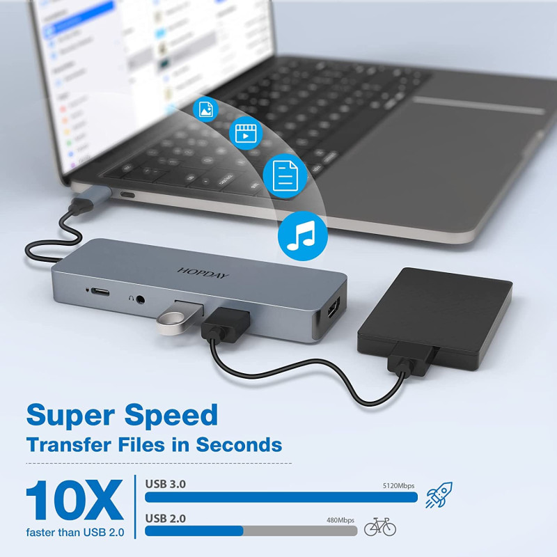 Док-станція HOPDAY 10-в-1 USB-C Hub: 4K HDMI, 100W PD, 3.5 mm AUX. (Сріблястий)
