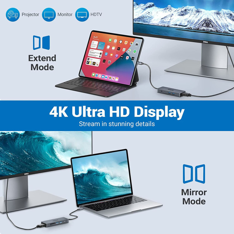 Док-станція HOPDAY 10-в-1 USB-C Hub: 4K HDMI, 100W PD, 3.5 mm AUX. (Сріблястий)