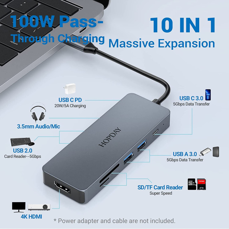 Док-станція HOPDAY 10-в-1 USB-C Hub: 4K HDMI, 100W PD, 3.5 mm AUX. (Сріблястий)