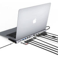 Док-станція Hopday 13-в-1 USB-C для трьох дисплеїв: 2x HDMI, VGA, Gigabit Ethernet, PD, Thunderbolt 3. (Сірий)