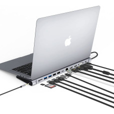 Док-станція Hopday 13-в-1 USB-C для трьох дисплеїв: 2x HDMI, VGA, Gigabit Ethernet, PD, Thunderbolt 3. (Сірий)