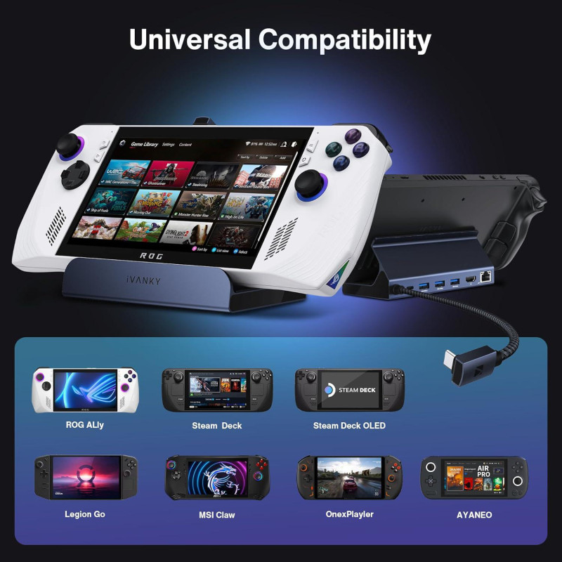 Док-станція iVANKY (8-в-1) для Steam Deck OLED, ROG Ally, Legion Go: HDMI 4K@60Hz, Gigabit LAN, 100 Вт PD. (Сірий)