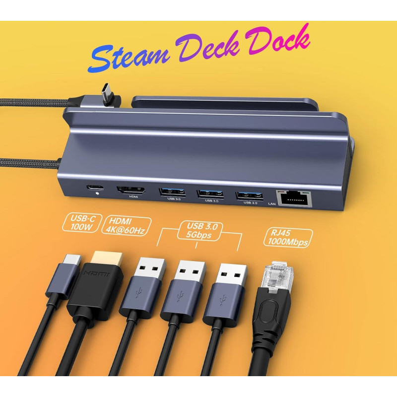 Док-станція NOVOO (6-в-1) для Steam Deck з HDMI 2.0 4K@60Hz, 1 Гбіт/с LAN, 3x USB 3.0 та 100 Вт PD. (Сірий)