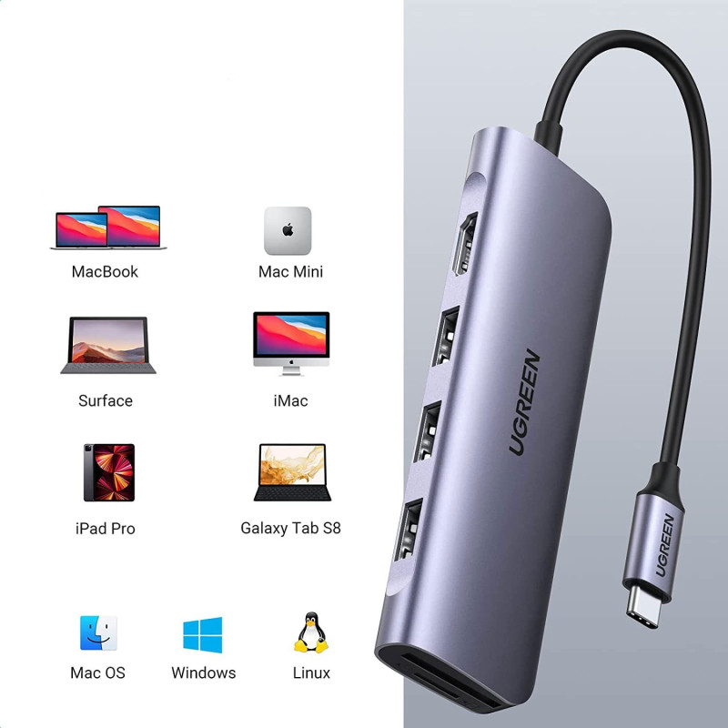 Док-Станція UGREEN 6-в-1 Aluminium USB-C Hub: 4K HDMI, 3 x USB 3.0. (Сріблястий)