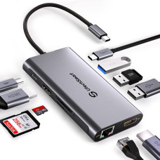 Подвійна Док-Станція UtechSmart 10-в-1: 4K 60 Hz HDMI, DisplayPort, 100W PD. (Сірий)