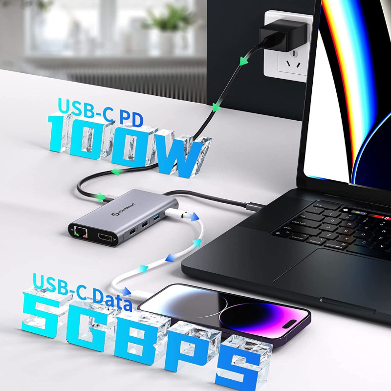 Подвійна Док-Станція UtechSmart 10-в-1: 4K 60 Hz HDMI, DisplayPort, 100W PD. (Сірий)
