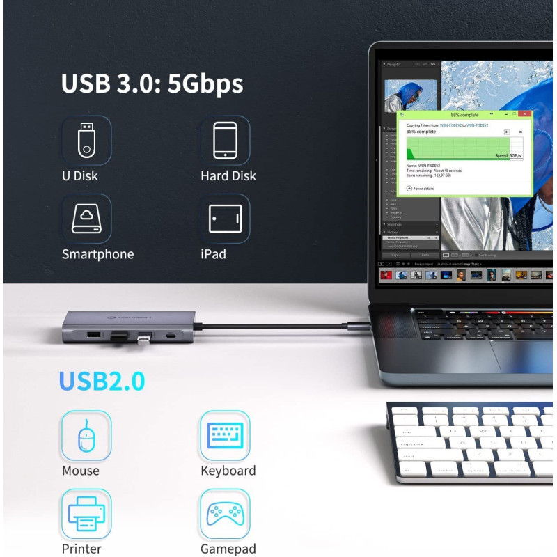 Подвійна Док-Станція UtechSmart 10-в-1: 4K 60 Hz HDMI, DisplayPort, 100W PD. (Сірий)
