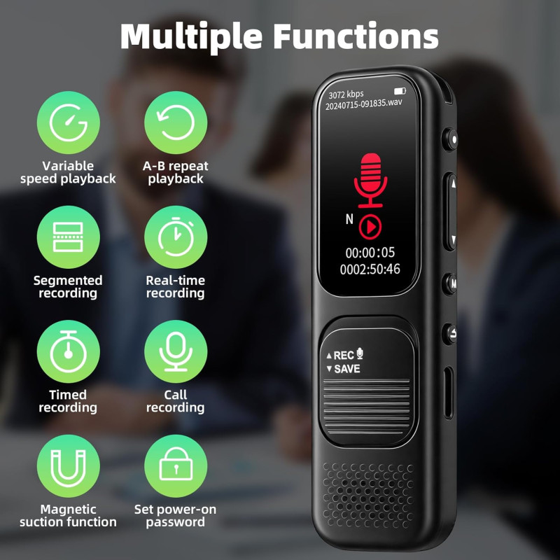 Професійний Цифровий Диктофон 64 ГБ: 3072 Кбіт/с, Голосова Активація (Чорний)