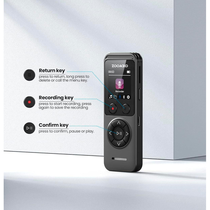 Цифровий Диктофон ZOOAXO 64 ГБ: 3072 кбіт/с, Bluetooth та 100 Годин Запису. (Чорний)