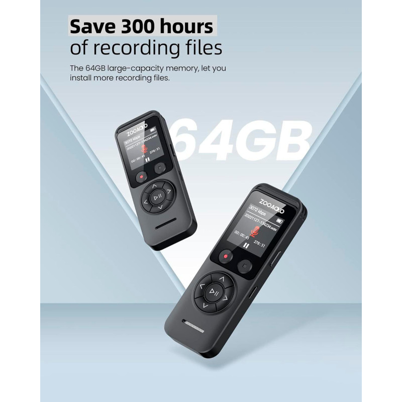 Цифровий Диктофон ZOOAXO 64 ГБ: 3072 кбіт/с, Bluetooth та 100 Годин Запису. (Чорний)