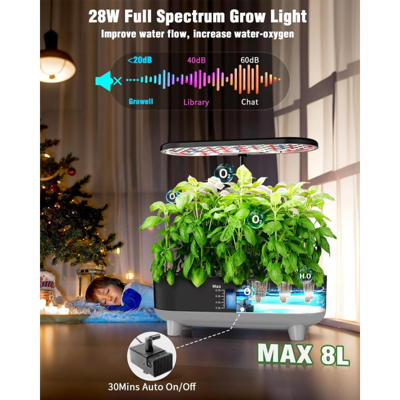 16-місна система гідропонічного вирощування Growell із регульованою висотою 40 см ( 1 пакет насіння включено) (Чорно-сірий) 