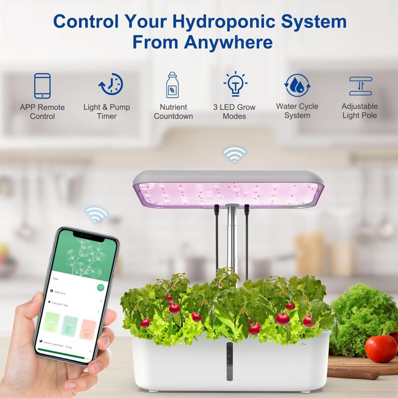 YIYEGO WiFi Smart Garden: Гідропонна система на 14 місць з керуванням через додаток. ( 1 пакет насіння включено)  (Сірий)