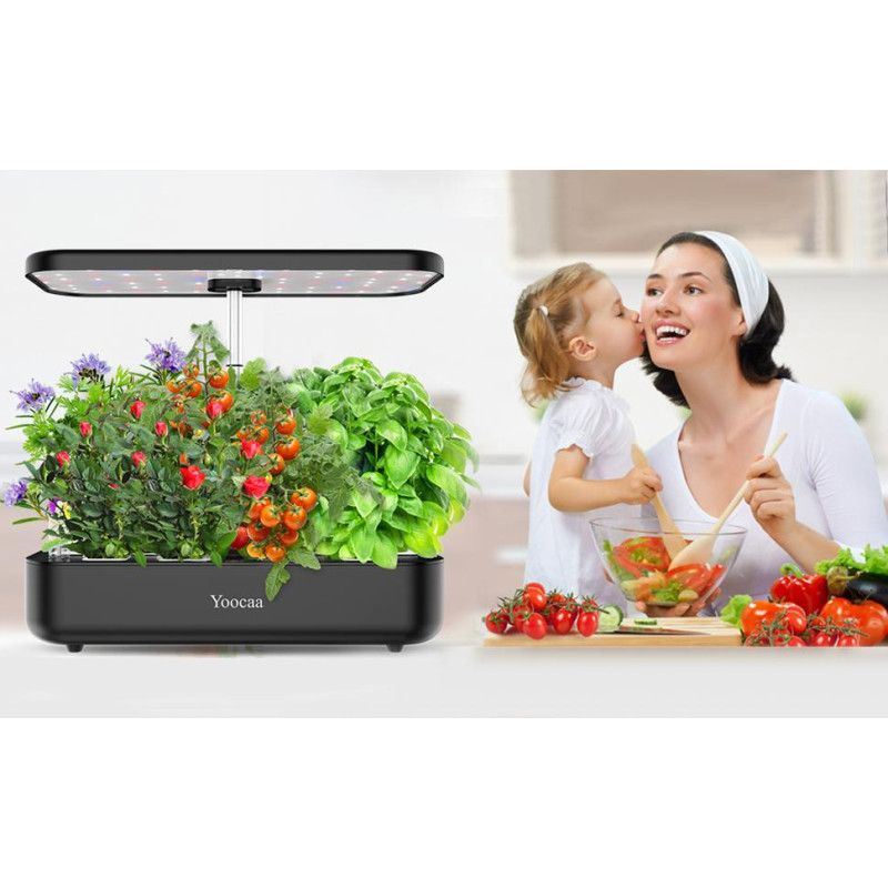 Yoocaa 50 см: 12-місна Система Гідропоніки з Регульованою Висотою та 36 Вт LED.(1 пакет насіння включено) (Чорний)