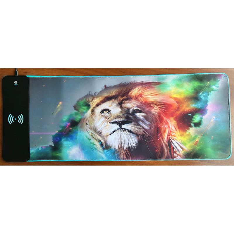 GMS Лев 2-в-1: Ігровий килимок для миші з Бездротовою зарядкою, 14 режимів RGB (800x300 мм)