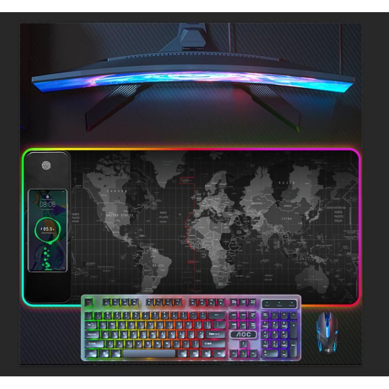 GMS Карта Світу 2-в-1: Ігровий килимок з Бездротовою зарядкою, 14 режимів RGB (800x300 мм)