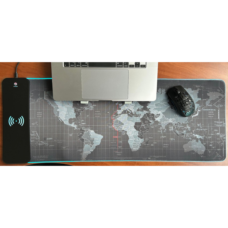 GMS Карта Світу 2-в-1: Ігровий килимок з Бездротовою зарядкою, 14 режимів RGB (800x300 мм)