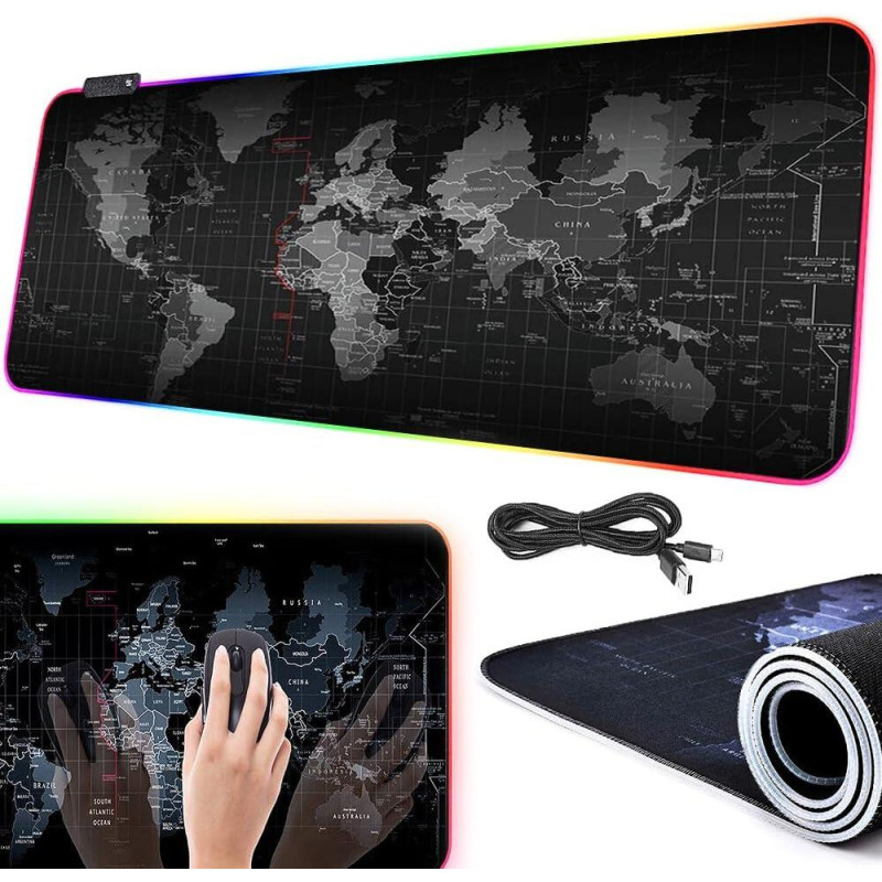 GMS Карта Світу 2-в-1: Ігровий килимок з Бездротовою зарядкою, 14 режимів RGB (800x300 мм)