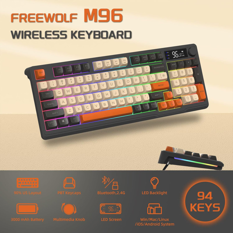 Клавіатура Freewolf M96: Бездротова Мембранна, Ручка керування, Екран, Dual-mode (BT/2.4G), PBT. (Чорний)