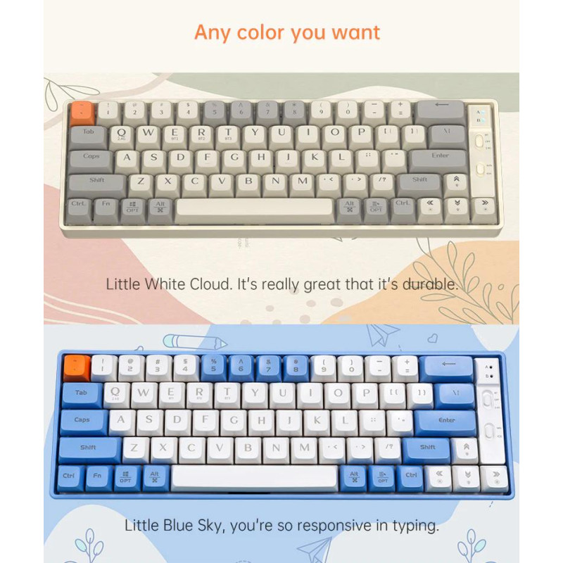 Бездротова механічна клавіатура Langtu GK65 (65%): Red Switch, Tri-Mode, RGB (Молочно-біла)