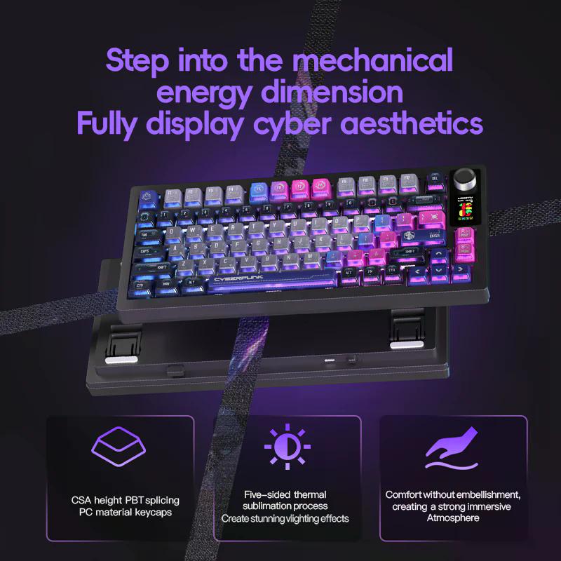 Професійна механічна клавіатура Langtu LT75 Cyberpunk Pro (75%): Tri-Mode, Hot-Swap, LCD-дисплей (Чорний/Малюнок)