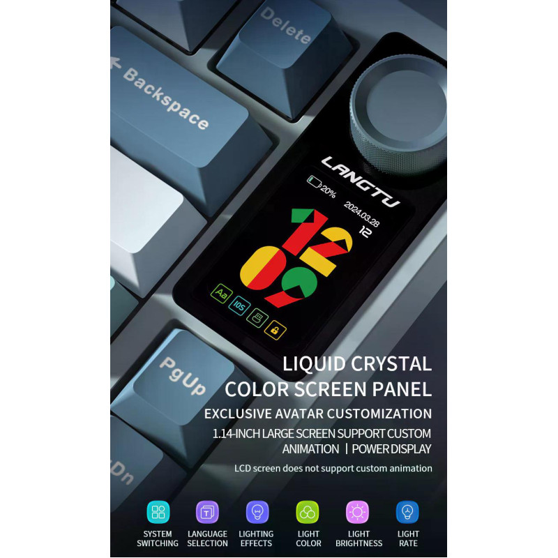 Професійна механічна клавіатура Langtu LT75 Pro (75%): Tri-Mode, Hot-Swap, LCD-дисплей (Чорно-Зелений)